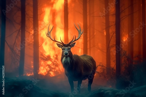 Deer running from burning forest. Forest fires are a problem of climate change and global warming. Generative ai