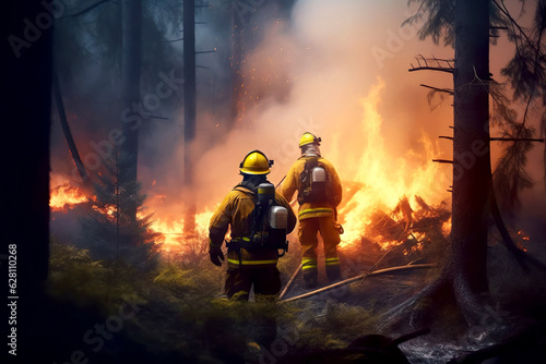 Firefighters are extinguishing a forest fire. Forest fires are a problem of climate change and global warming. Generative ai