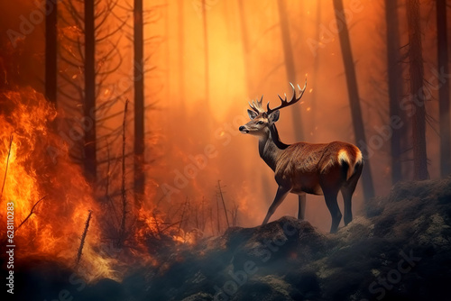 Deer running from burning forest. Forest fires are a problem of climate change and global warming. Generative ai © DRasa