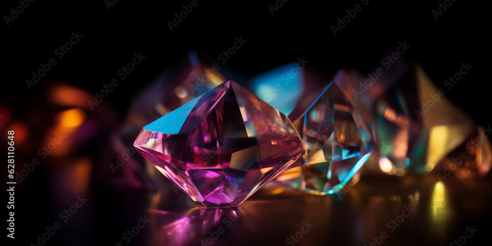 Abstract geometric design elements, art holographic , modern futuristic poster, dispersion and iridescent. Long horizontal banner. Generative AI. Abstract geometric design elements, art holographic , modern futuristic poster, dispersion and iridescent. Long horizontal banner. Generative AI.