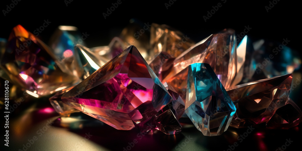crystal in colorful light and black background. Long horizontal banner. Generative AI. Abstract geometric design elements, art holographic , modern futuristic poster, dispersion and iridescent crystal in colorful light and black background. Long horizontal banner. Generative AI. Abstract geometric design elements, art holographic , modern futuristic poster, dispersion and iridescent