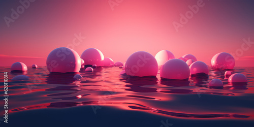 Pink sunset sea with floating spheres on surface of  water. surrealism, simultaneously an aesthetic of sea neon waves. Long horizontal banner. Generative AI. mental, emotional, and spiritual concept photo