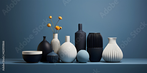 Fotografiet poteries contemporaines posées sur une table, fond bleu