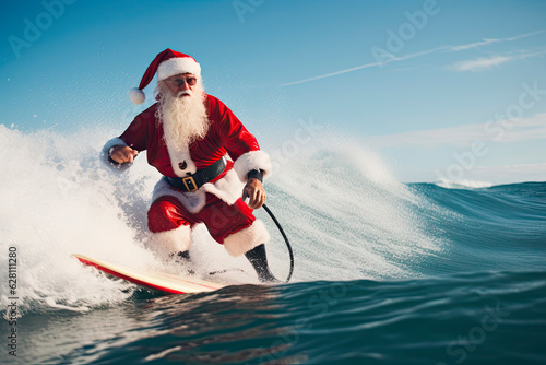 Santa Claus surfing on vacation in summer