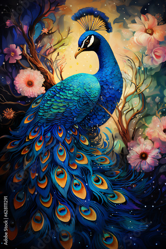 Peacock in a tree and flowers - Generative AI