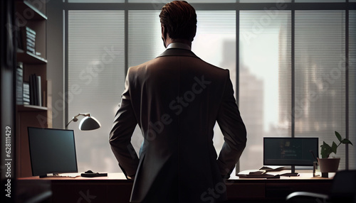  Businessman at the office, back view, silhouette of a person in a office, person standing in a corridor, Ai generated image 