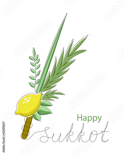 Happy Sukkot. One line continuous line drawing of traditional symbols of the Jewish holiday Sukkot.