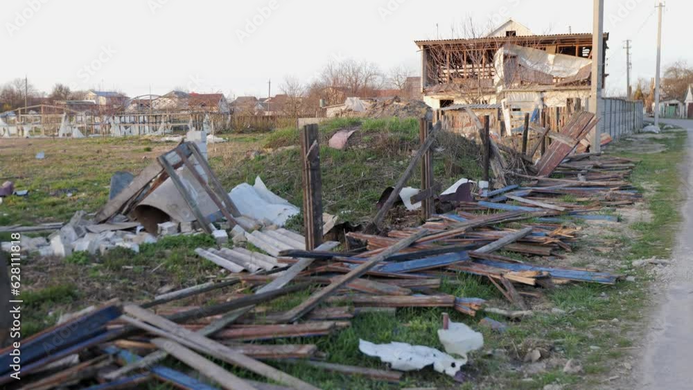 Destroyed house after bomb attacks in Ukraine. Ukraine war. Velyka Dymerka, Kyiv oblast. Destroyed house after bomb attacks in Ukraine. Ukraine war. Velyka Dymerka, Kyiv oblast.