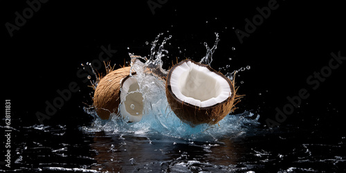 Kokosnuss aufgebrochen mit Spritziger Kokosmilch als Poster Nahaufnahme, ai generativ photo