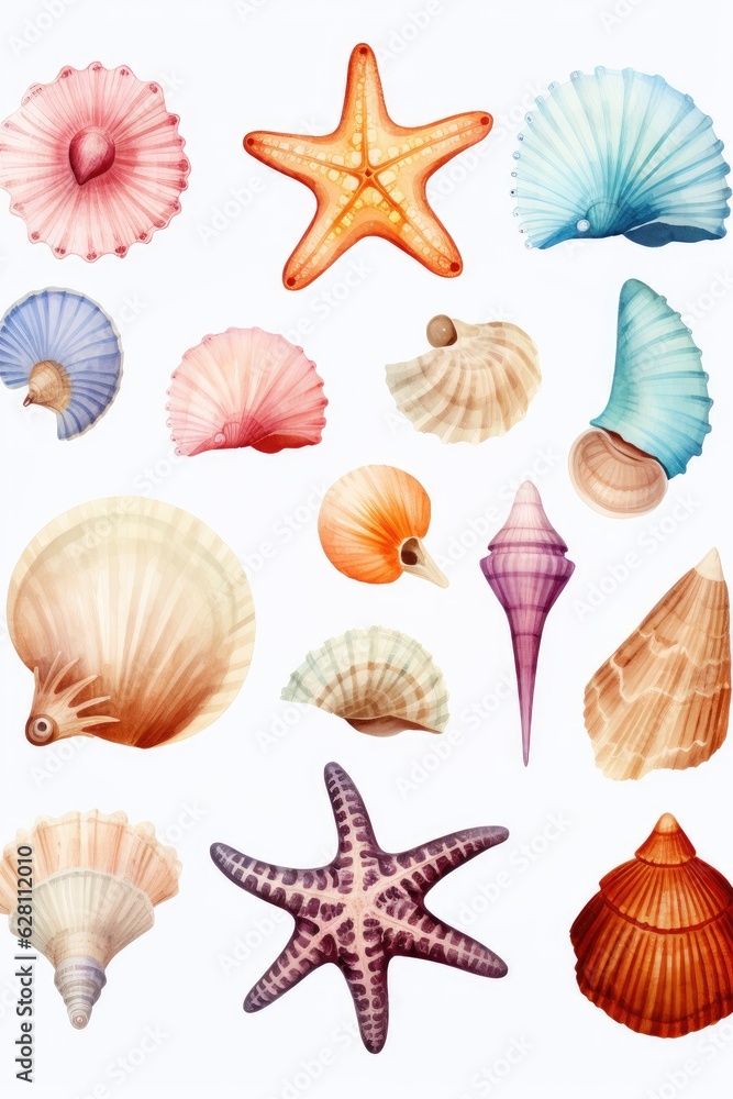 watercolor set of seashells isolated on white, AI Generated watercolor set of seashells isolated on white, AI Generated