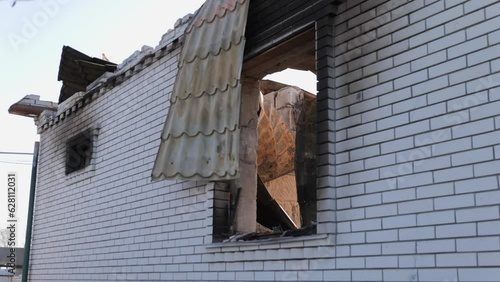 Destroyed house after bomb attacks in Ukraine. Ukraine war. Velyka Dymerka, Kyiv oblast. photo