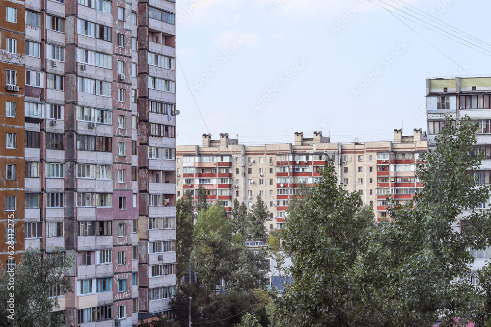 Urban landscape. Sleeping area of the city, ghetto. Multi-storey houses, balconies. Ukrainian city, Kyiv. Postcard, photo, advertising, wallpaper, urban view.