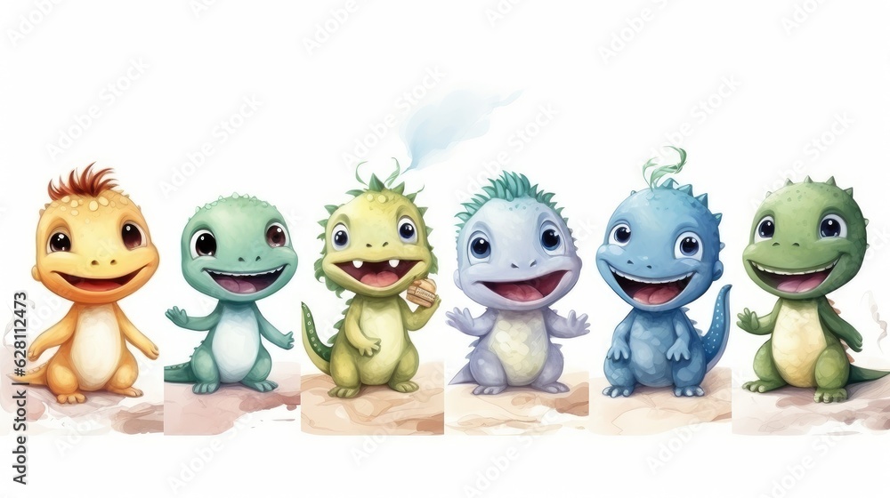 watercolor cartoon style dinosaurs, AI Generated