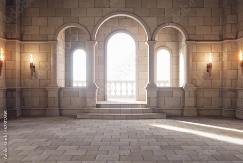 Fototapeta Naklejka Na Ścianę i Meble -  Cinematic style antique luxury hall Made of stone decorated with torches and arches. Stairs leading up to the balcony outside. 3D render illustration.