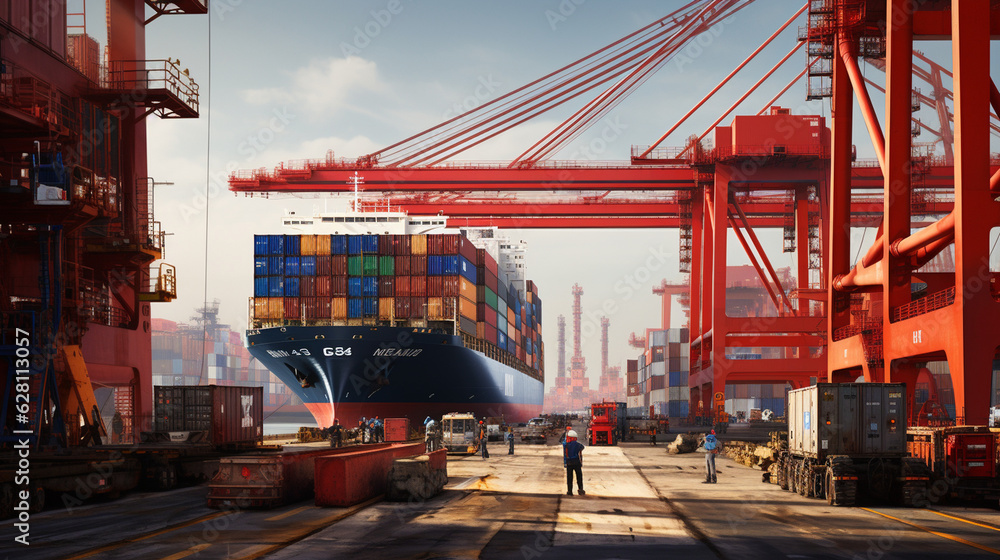 the intricate process of loading delicate goods onto container ships, with workers using specialized equipment and care Generative AI