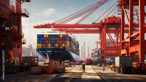 the intricate process of loading delicate goods onto container ships, with workers using specialized equipment and care Generative AI
