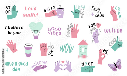 Romantic positive sticker pack with messages and cute elements. Perfect for print, greeting card, stationery