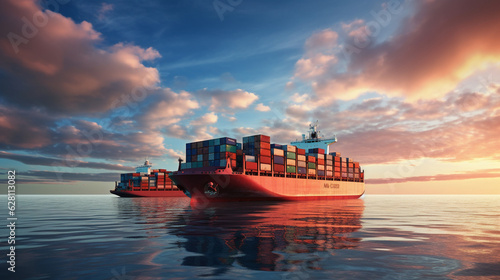 the impressive sight of a container ship slowly emerging from the horizon as it approaches the sea cargo port, ready to be loaded Generative AI