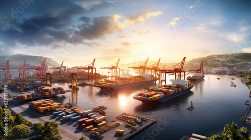 a panoramic view of a sea cargo port at sunset, with golden light illuminating the loading process and creating a breathtaking scene Generative AI