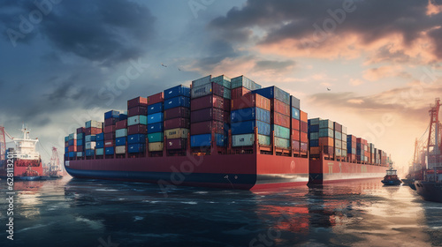 the dramatic contrast between the vastness of the sea and the precision of loading operations, with containers forming an orderly line on the ship Generative AI