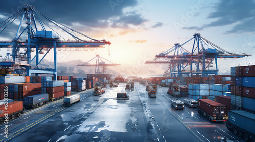 a mesmerizing scene of container ships lined up at the dock, with workers strategically arranging cargo with precision and expertise Generative AI