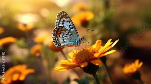 Closeup shot of a beautiful butterfly on an orange petal generate ai © muhammad