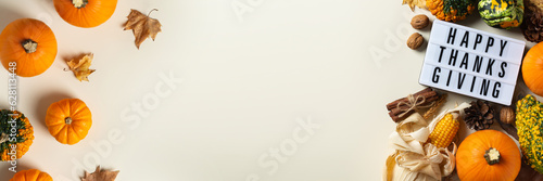 Autumn fall thanksgiving day composition with decorative pumpkins, banner