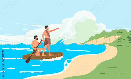 Ancient Primitive tribe people humans migrated to discover new continents aboard a raft across the sea towards the mainland © yisar