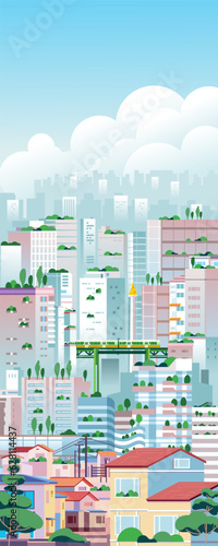 Big modern eco friendly green city landscape cityscape skyscrapers vertikal illustration with many office buildings, apartment, house and other bulding