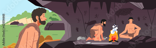 Ancient Primitive tribe cave people prehistoric age human. Stone age, cooked meat with bonfire in a cave