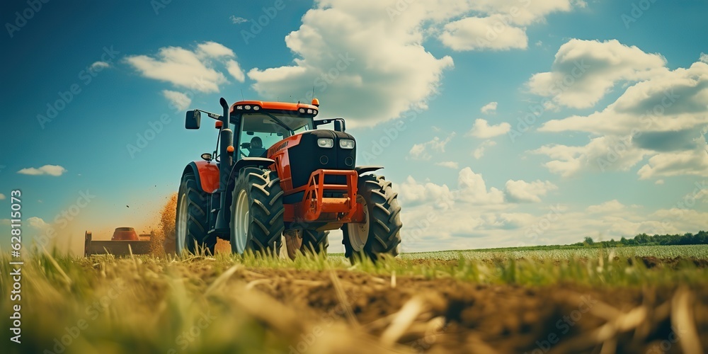 Fototapeta premium AI Generated. AI Generative. Tractor combine machine harvest field farming. Nature outdoor meadow landscape machine industry. Sunny work day machine