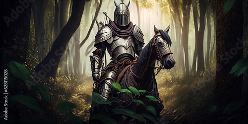 A fairy-tale knight in ancient iron armor sits on a horse in the middle of a dense forest, close-up. Generative AI