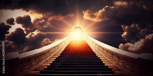 A wide stone staircase to the cloudy sky with a bright divine light at its upper end. Generative AI