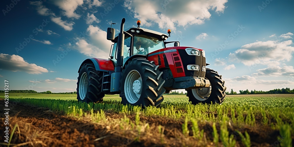 Obraz premium AI Generated. AI Generative. Tractor combine machine harvest field farming. Nature outdoor meadow landscape machine industry. Graphic Art