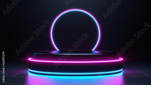 Black neon led light podium empty pedestal product display generate ai