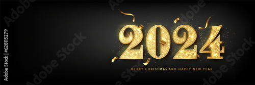 2024 Happy new year banner. Golden Vector luxury text 2024 Happy new year. Gold Festive Numbers Design. Happy Christmas Banner with realistick Numbers