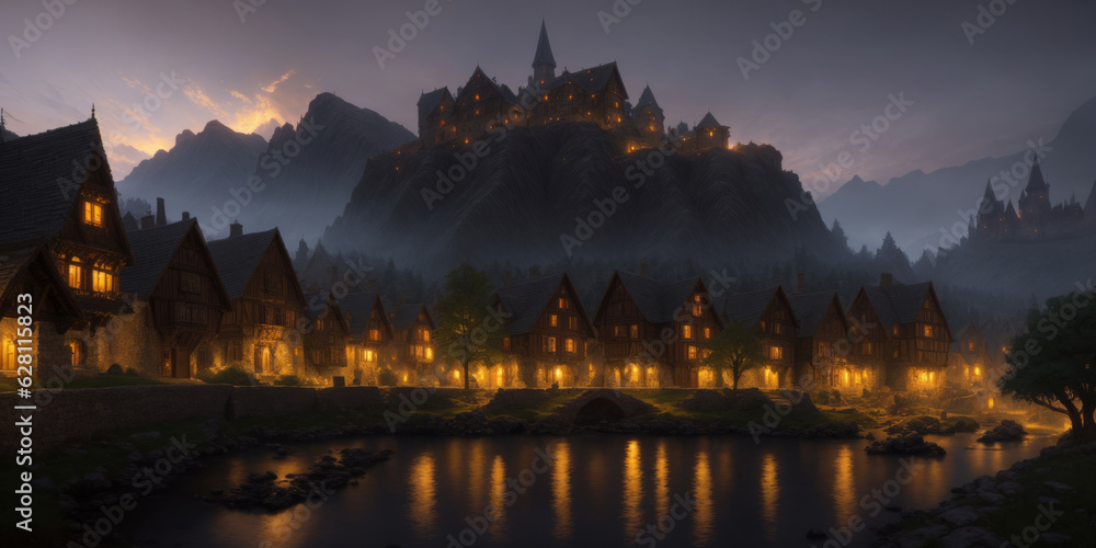 a medieval village with fog and foggy mountains in the background at night with lights in houses