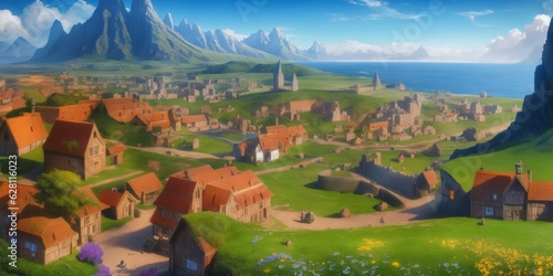a animated of a village in a mountainous area with mountains in the background and houses in the foreground. Anime style, beautiful landscape of a medieval time