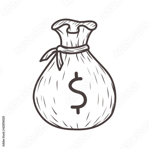 Money bag sack, money icons hand drawn illustration