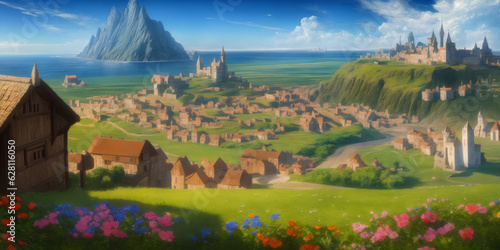 a animated of a village in a mountainous area with mountains in the background and houses in the foreground. Anime style, beautiful landscape of a medieval time