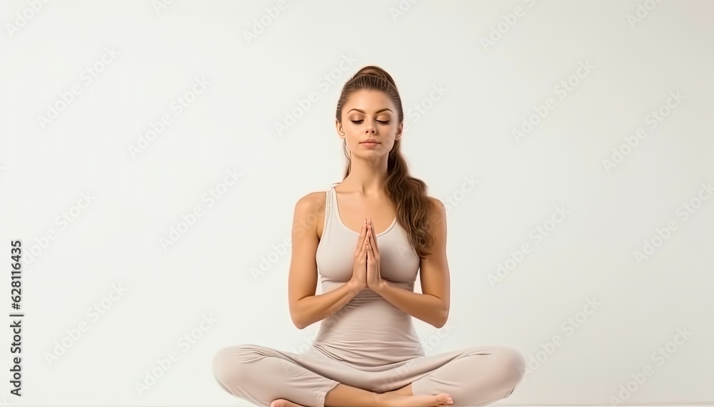 female yoga styles with left copyspace on a clean white backdrop female yoga styles with left copyspace on a clean white backdrop