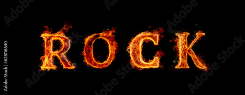 The word: Rock, consisting of burning letters isolated on black background. Flaming text. Hot fire text effect template