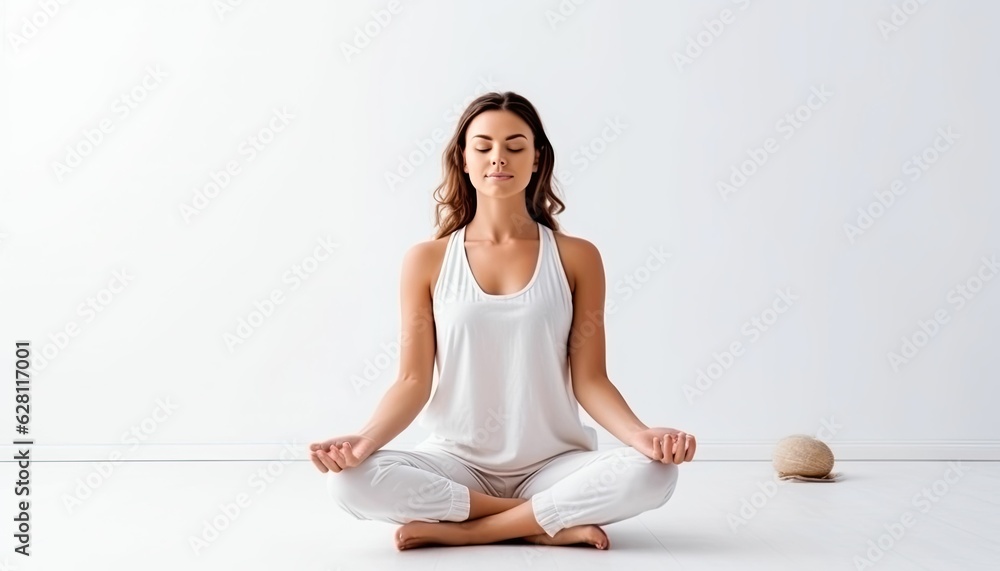 female yoga styles with left copyspace on a clean white backdrop female yoga styles with left copyspace on a clean white backdrop