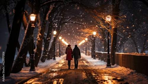romantic stroll amidst the gentle snowfall