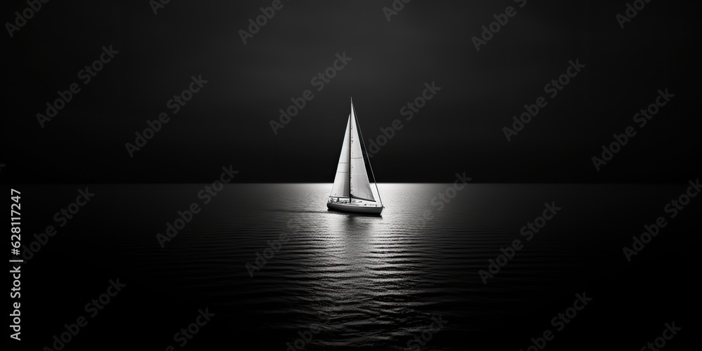 AI Generated. AI Generative. Ship sail boat yacht in open sea ocean lake water. Summer outdoor adventure vacation trip luxury lifestyle. Black and white photo illustration - obrazy, fototapety, plakaty 
