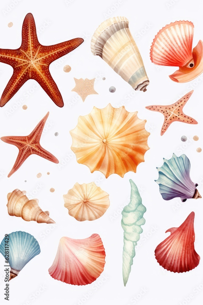 watercolor set of seashells isolated on white, AI Generated watercolor set of seashells isolated on white, AI Generated