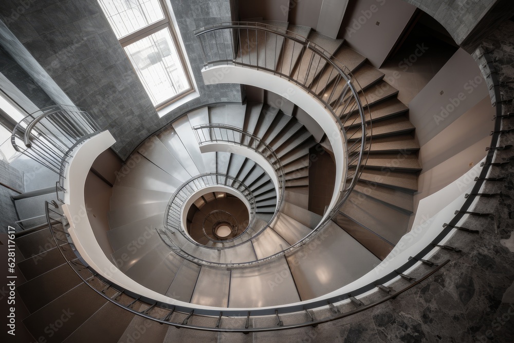 Illustration of a modern architectural spiral staircase with large windows providing natural light, created using generative AI