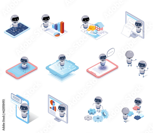 isometric illustration set of Artificial intelligence AI robot