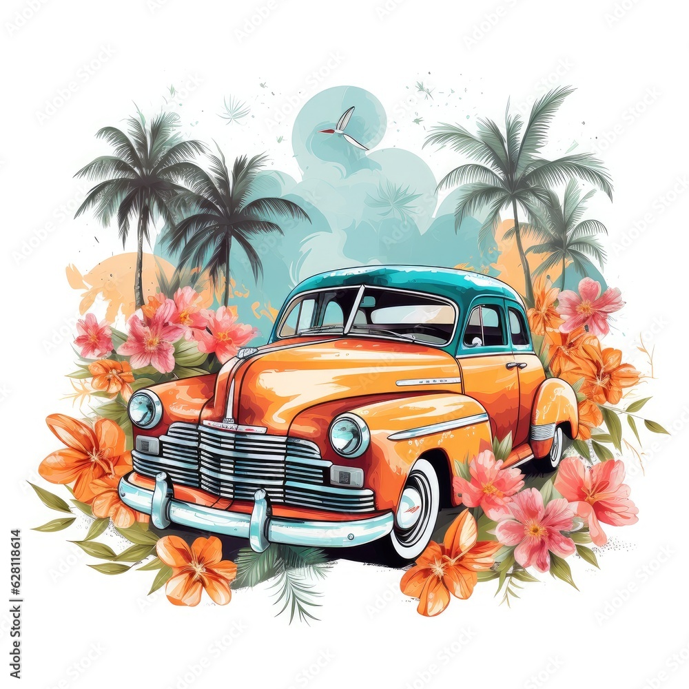 watercolor retro cars and tropical vacation, AI Generated