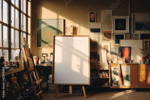 artistic frame canvas mock up in a curated whimsical studio setting / vintage artists desk, atelier bohemian style with natural light and shadows - ai generative art